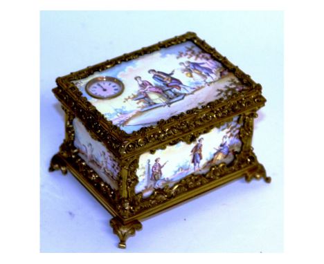 A superb Vienna enamel musical jewellery box, playing two airs, the top inset with a watch, the enamel panels with galleon an