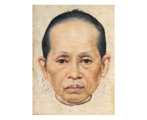 A Chinese framed watercolour portrait of a lady, head with earrings. 8.5ins x 6ins.