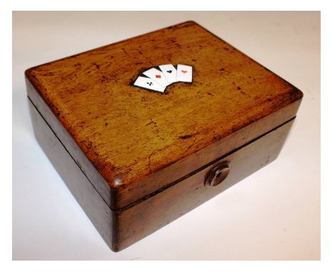 A two division card box, the lid with four enamel cards. 6.5ins wide.