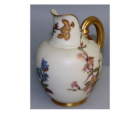 A Royal Worcester blue jug, painted with flowers on an ivory ground, puce mark.