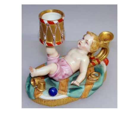 A 19th century Royal Worcester rare boy with drum inkstand decorated in Raphaelesque colours, impressed mark.