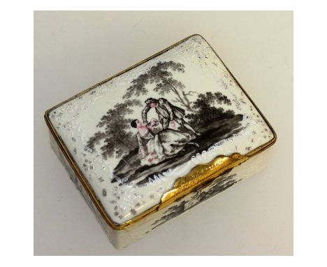 A good 18th century porcelain rectangular snuff box with sepia decoration of young lovers, with silver gilt engraved plaque "