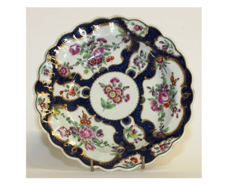 A Dr Wall First Period Worcester circular dish, circa. 1770.  Blue square mark.  7.5ins diameter.