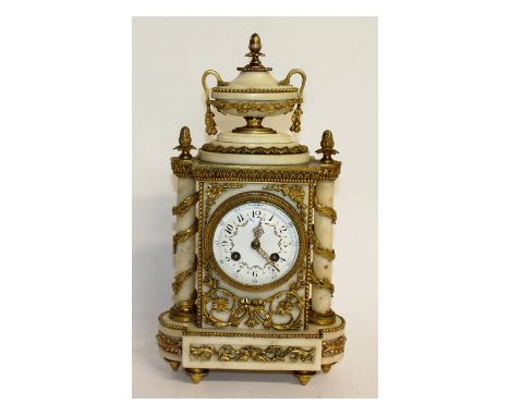 A very good 19th century French white marble ormolu mounted clock, with urn and pineapple finial, column supports and eight d