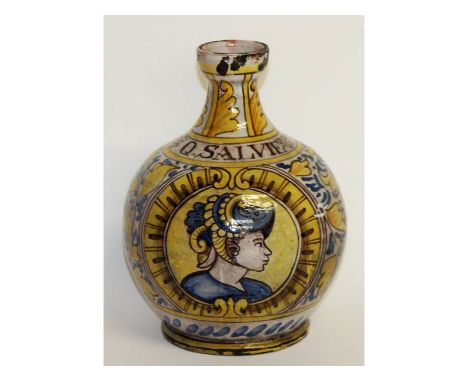 An Italian Majolica bulbous bottle, yellow and blue ground with an oval portrait and Q. SALVIE. 24cms high.