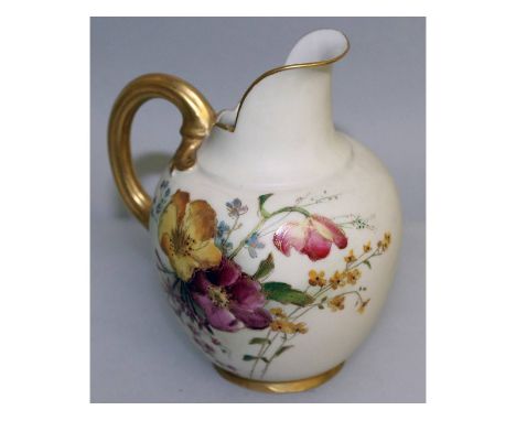 A Royal Worcester blush jug, painted with flowers on an ivory ground, puce mark.