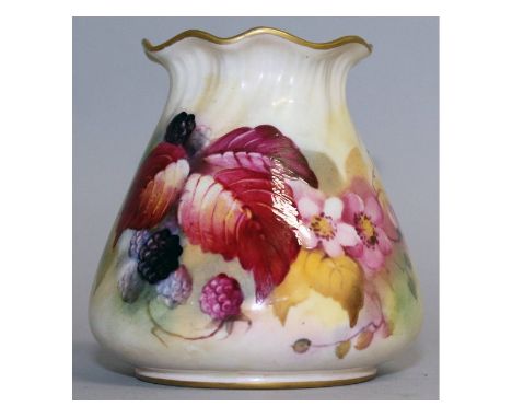 A Royal Worcester pie crust rim vase, painted with autumnal leaves and blackberries, signed by  K. Blake, puce mark.