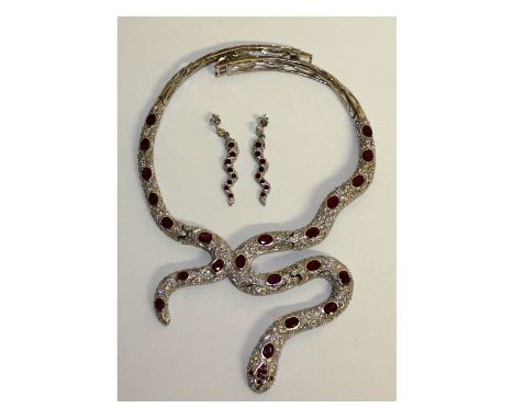 A superb silver and real ruby set necklace and earrings.
