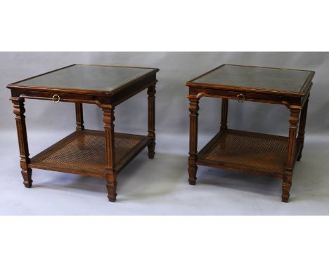 A pair of walnut lamp tables, with inset glass top, fluted legs with cane undertier.  2ft 2ins x 1ft 10ins.