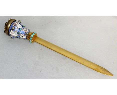 A small 18K gold and enamel paperknife, with enamel handle, gold mounted with semi-precious stones and gold blade.