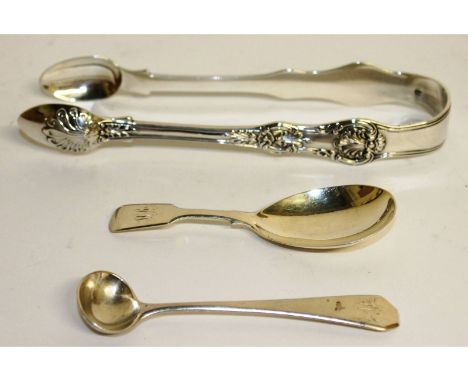 A Victorian fiddle pattern caddy spoon, London 1841, a crested spoon and a pair of sugar tongs.