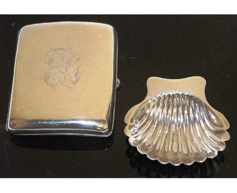 A cigarette case with crest, Birmingham 1903, and a small shell salt (2).