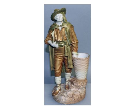 A Royal Worcester figure of a rustic man beside a tall basket, puce mark.