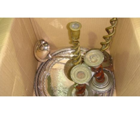 Silver plated trays & soup ladle, barley twist candlesticks, cut glass decanter, presentation case of fisheaters