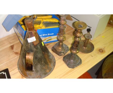 19th century copper flask and lid, brass candlesticks and chamber stick