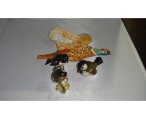 Beswick bird ornaments including Pheasant wall plaque (tail damage) , Goldfinch, Stonechat, Goebel Sparrow