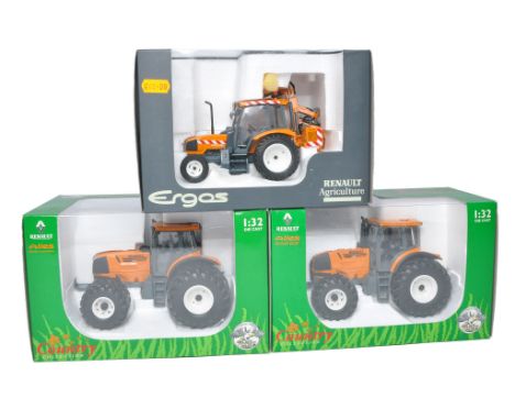 Universal Hobbies 1/32 farm model issues comprising Renault tractor trio. All excellent in excellent boxes. 
