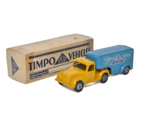 Timpo toys Articulated Box Van in the livery of timpo. Blue and Yellow. Generally good with the some minor blemishes and mark