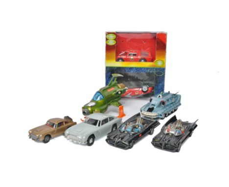 A group of playworn TV Related diecast comprising Corgi Batmobiles and James bond Aston Martin issues plus a modern issue Cap