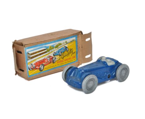 Castle Art Products (Gaiety Toys, England) mechanical clockwork racing car in blue. Generally very good to excellent with onl