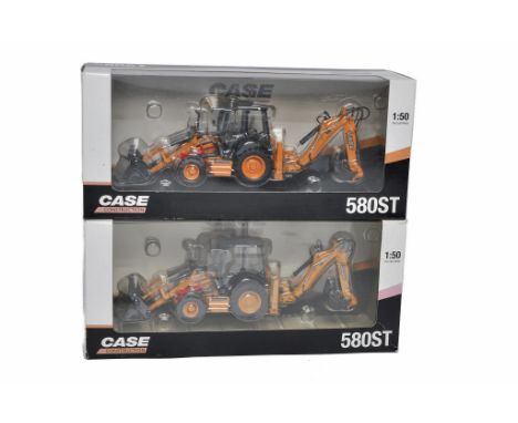 Universal Hobbies 1/50 diecast model contsruction issues comprising Case 580ST Backhoe Loader x 2. Both look excellent in box