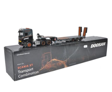 IMC 1/50 diecast model truck issue comprising No. 31-0284 Scania XT R Series Nooteboom Low Loader in the livery of Doosan. Lo