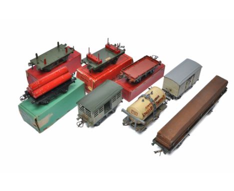 Hornby Model Railway O Gauge Collection (8) No.50 Gas Cylinder Wagon, No.1 Lumber Wagon NE, No.50 Refrigerator Van Wagon (unb