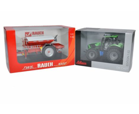 Schuco 1/32 farm model issue comprising Deutz 9340 Tractor plus Universal Hobbies Rauch TWS Spreader. Both look to be without