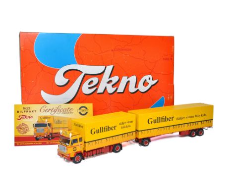 Tekno 1/50 diecast model truck issue comprising Volvo Drawbar Trailer in the livery of Gullfiber. Limited Edition of 175. Loo