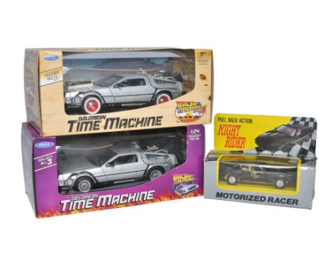 A duo of Welly 1/24 scale diecast Back to the Future Delorean Time Machine issues plus Friction Driven Knight Rider issue. Ge