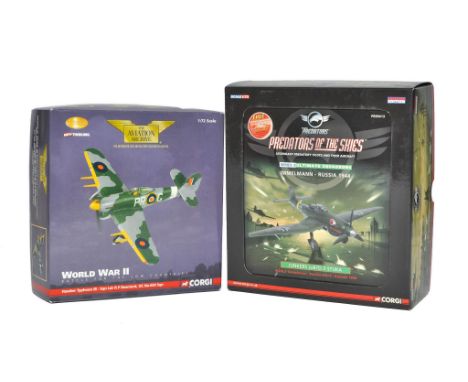 Corgi diecast model aircraft duo comprising Hawker Typhoon plus Junkers JU87. Both look to be without fault in original boxes