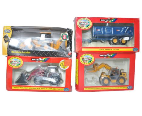 A trio of boxed Britains Farm issues including Marston Trailer, Loadall and Massey Ferguson Tractor. Plus Chad Valley JCB. Po