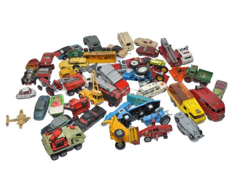 A box of worn diecast toys comprising cars and commercials, from Corgi, Dinky and Matchbox as shown. 