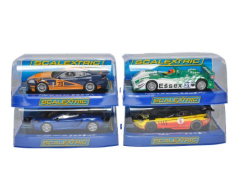 Scalextric slot car issues comprising C3297 McLaren MP4-12C, C3181 Jaguar XKR GT3 no.78, C3197 Porsche RS Spyder Team Essex, 