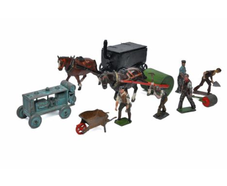 Charbens Horse Drawn Tar Boiler and Roller in addition to other figures from Road Menders set. Generally fair to good. Hard t