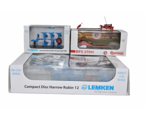 A group of 1/32 farm model implements comprising ROS Lemken Compact disc harrow plus UH Lemken Plough and two other implement