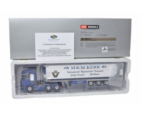 WSI 1/50 diecast model truck issue comprising Scania Fridge in the livery of M&amp;M Kerr International. Limited Edition of 3