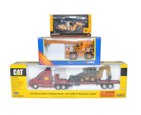 Norscot 1/50 construction issue comprising CAT Truck with backhoe loader, Corgi Mobile Crane (K&amp;S Plant) plus Motorart 1/