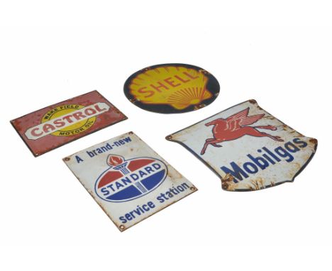 Four original vintage enamel signs comprising Shell (30 x 30cm), Castrol, Standard (both approx 28cm longest side) and Mobilg