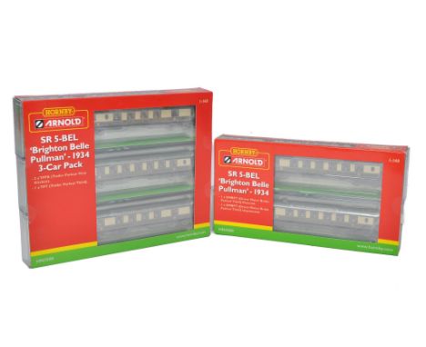 N Gauge Model Railway comprising Hornby Arnold Brighton Belle Pullman Set duo as shown. Look to be without fault in original 