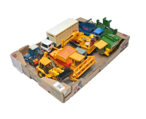 A tray of mostly playworn Britains Farm models including trucks, combines and tractor issues. Spares / Repairs. 