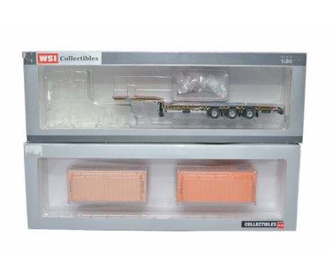 WSI 1/50 diecast model truck issues comprising low loader trailer and set of containers. Look to be without fault in boxes. 
