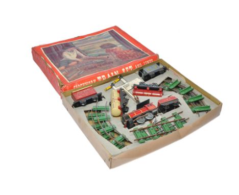 Chad Valley Vintage O Gauge Model Railway set comprising LMS Locomotive in red plus assorted wagons and rolling stock as show