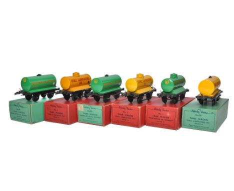 A group of 6 Hornby Model Railway O Gauge 'Manchester Oil Refinery' and 'Shell Lubricating Oil' Tank Wagons - 3xNo.1 and 3xNo