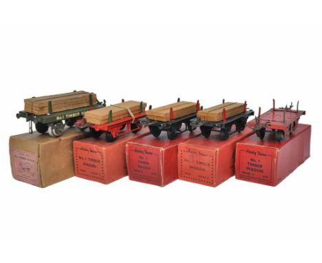 A group of 5 Hornby Model Railway O Gauge No.1 Timber Wagons. Generally in good condition with boxes, some with more notable 