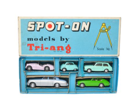 Triang Spot-On No. A Presentation Gift Set comprising five vehicles as follows: 1) Triumph TR3; Mauve, grey interior. Good to