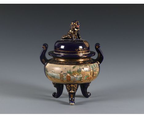 A large Satsuma tripod koro and cover, by KinkozanJapan, Meiji period (1868-1912)Of compressed globular form standing on thre