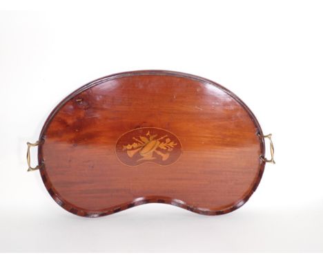 An Edwardian mahogany Kidney shaped two handled Tray with central inlay of musical instruments, 2ft 