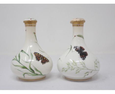 A pair of Worcester Bottles with stopper, hand painted with seeding grasses, butterflies and moths 4in H Under UV light one s