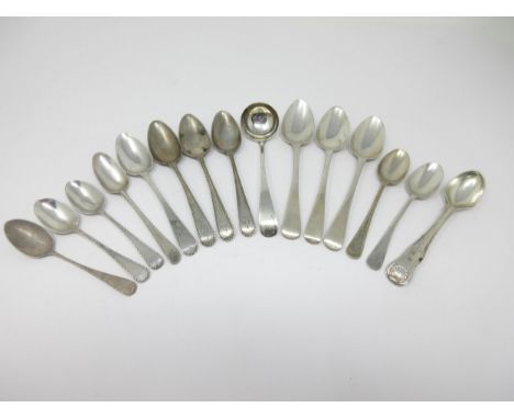 A Georgian silver Sauce Ladle and fourteen various Teaspoons 